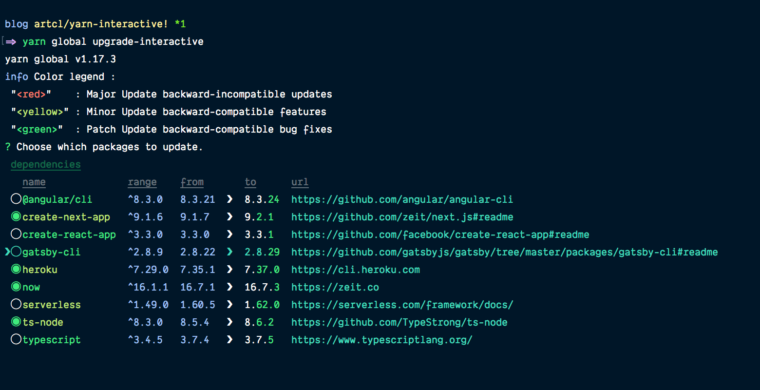 yarn global upgrade-interactive environment