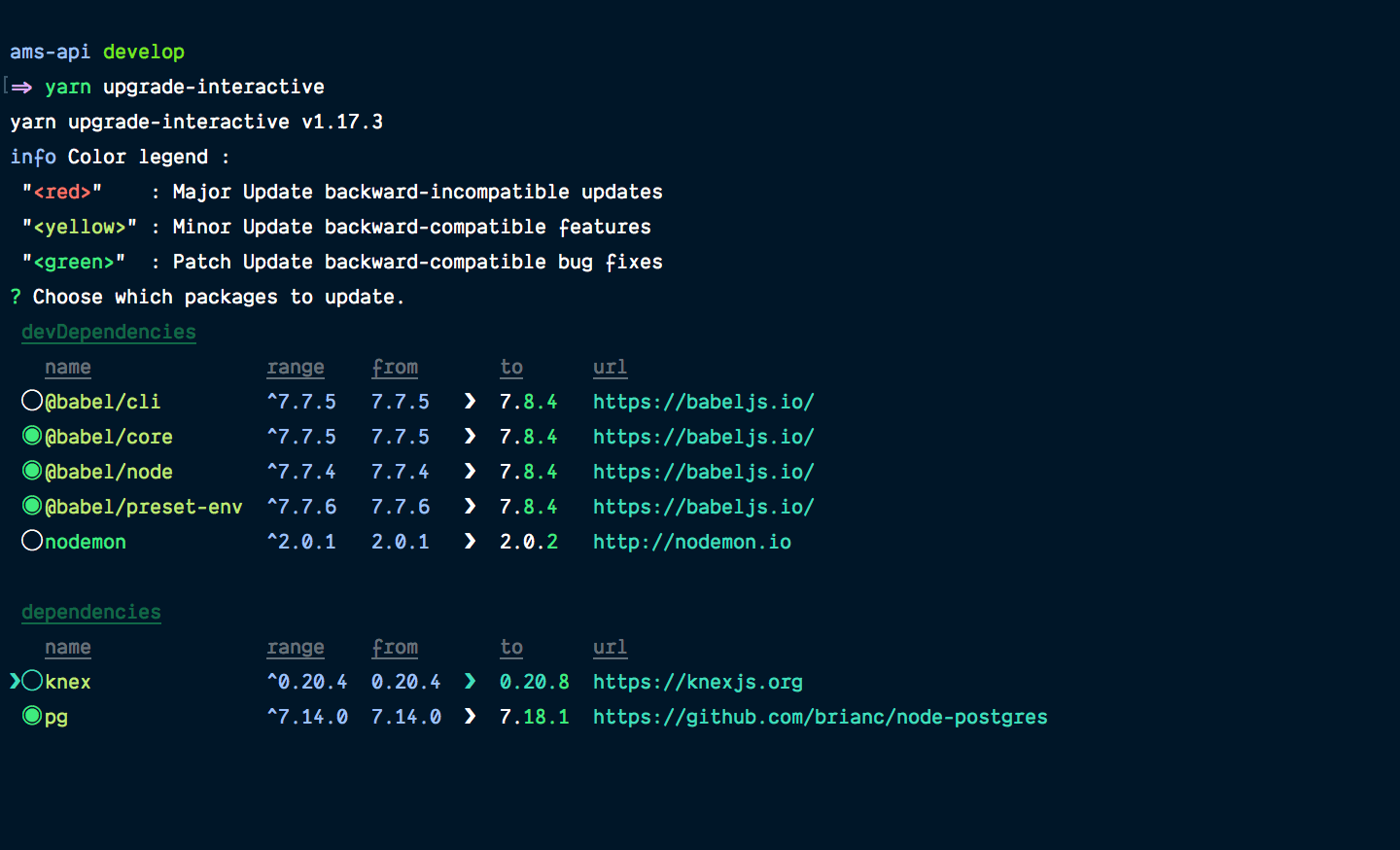 yarn upgrade-interactive environment